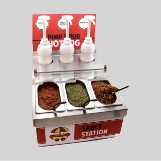 Découvrez le Sauce Station Manhattan Hot Dog ! Un meuble spécialement conçu pour la mise en place des sauces et condiments en libre service !
